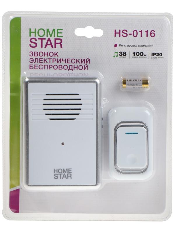Звонок HomeStar HS-0116, беспроводной, 8,6 МВт, 38 мелодий, 80-90дБ, r=100м, белый