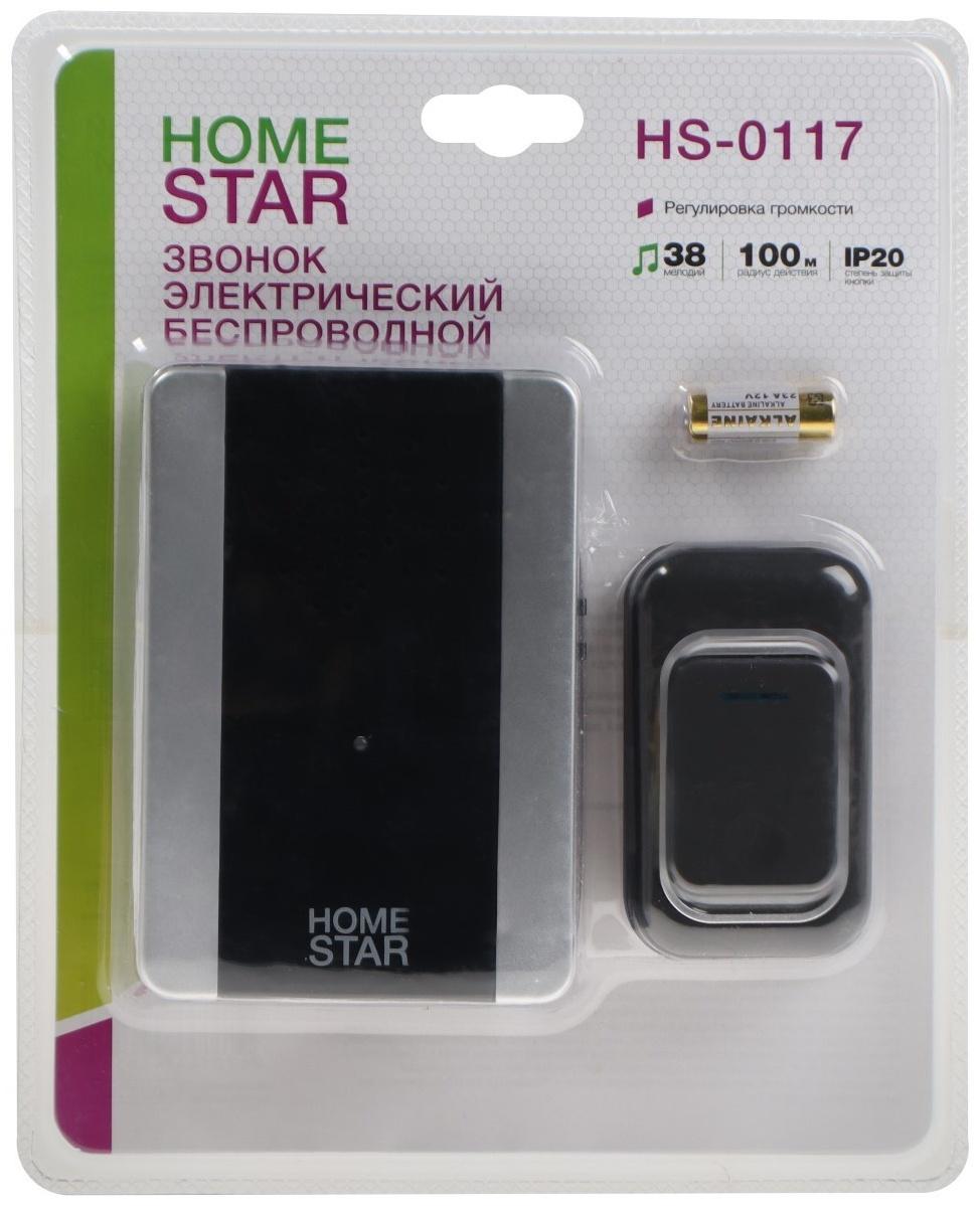 Звонок HomeStar HS-0117, беспроводной, 8,6 МВт, 38 мелодий, 80-90дБ, r=100м, чёрный