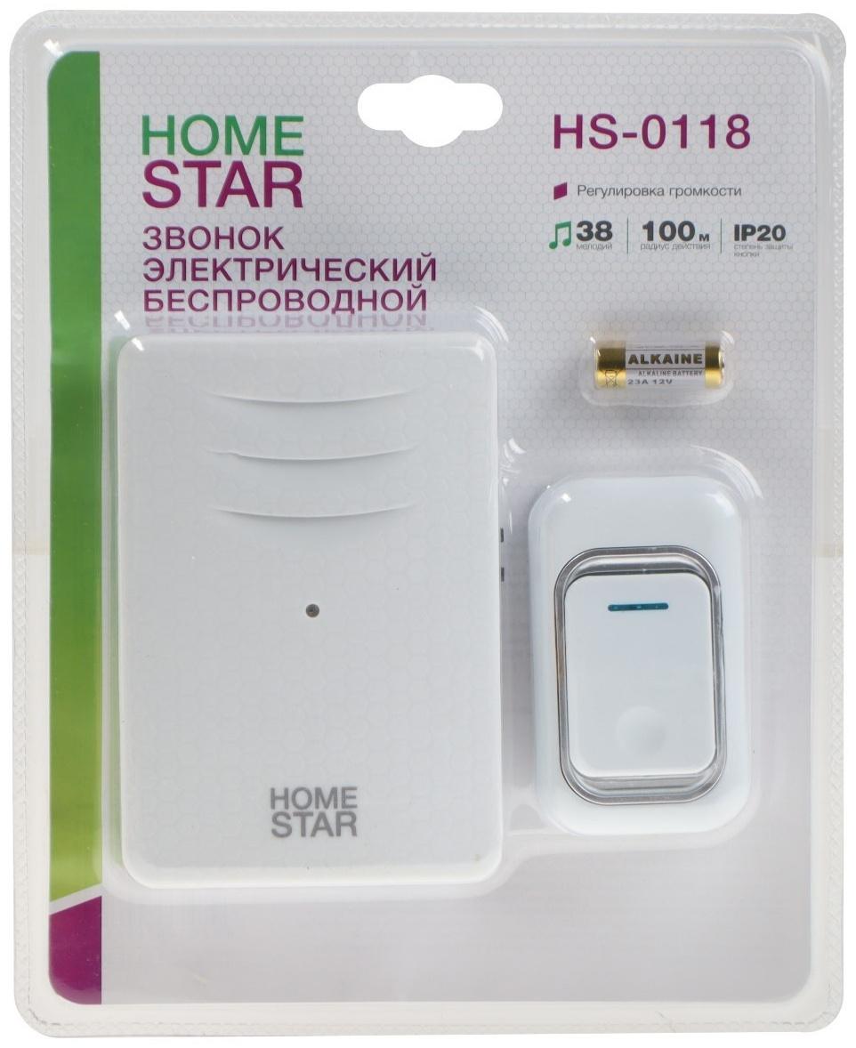 Звонок HomeStar HS-0118, беспроводной, 8,6 МВт, 38 мелодий, 80-90дБ, r=100м, белый