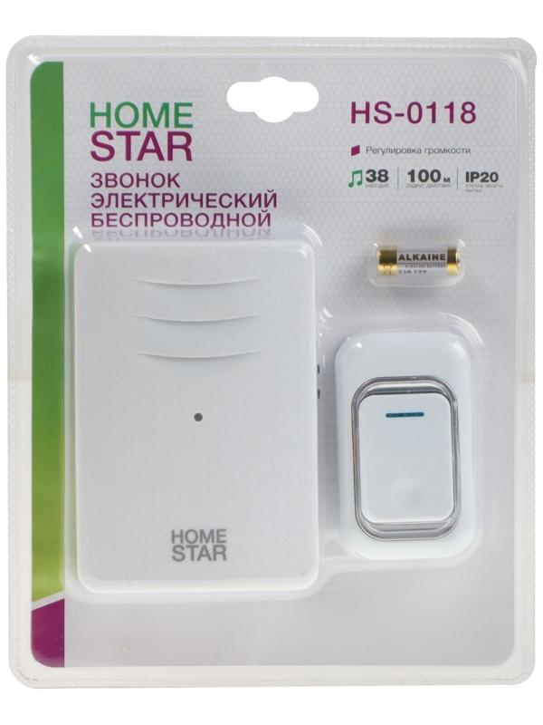 Звонок HomeStar HS-0118, беспроводной, 8,6 МВт, 38 мелодий, 80-90дБ, r=100м, белый