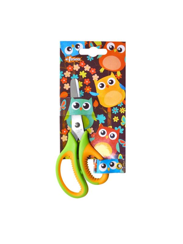 Ножницы детские №1School 13,5 см, Веселые совята резиновые ручки