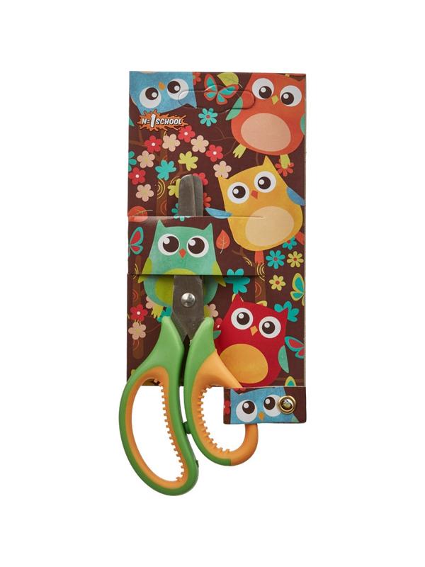 Ножницы детские №1School 13,5 см, Веселые совята резиновые ручки