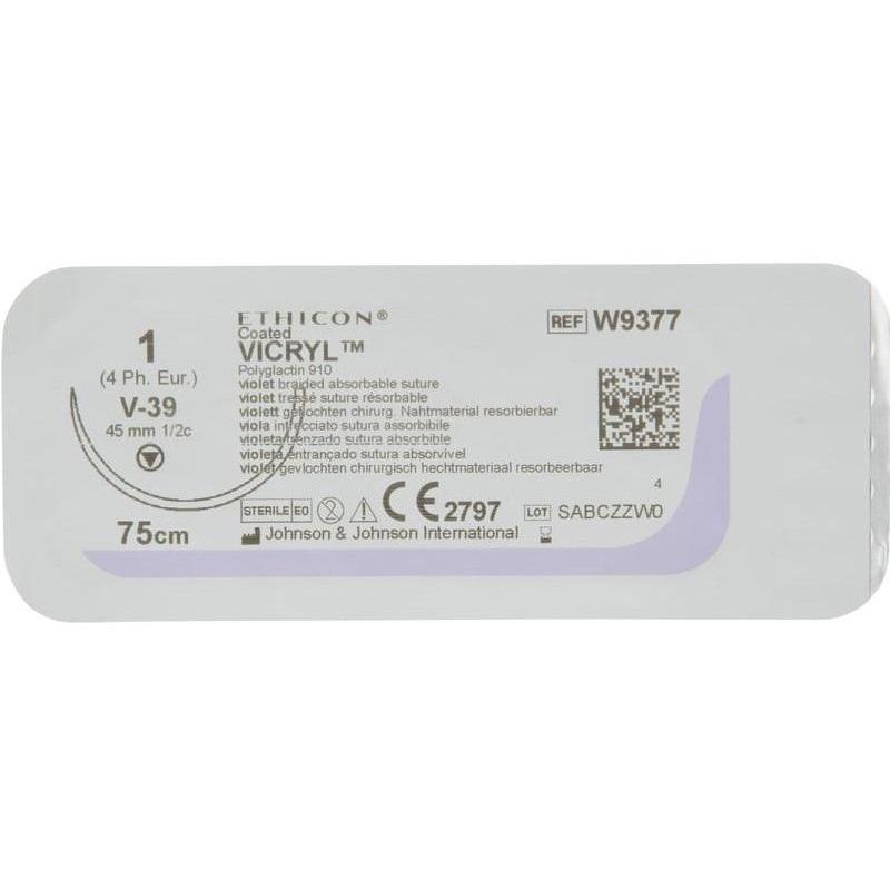 Шовный материал ВИКРИЛ 1, 75 см, фиолет.кол.-реж. 45 мм, 1/2 W9377 12 шт/уп