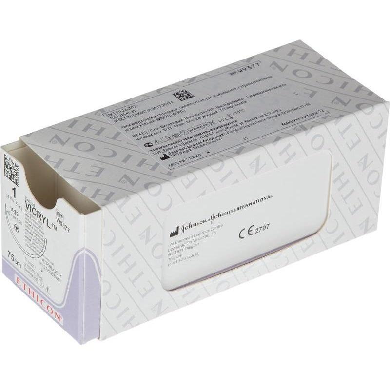 Шовный материал ВИКРИЛ 1, 75 см, фиолет.кол.-реж. 45 мм, 1/2 W9377 12 шт/уп