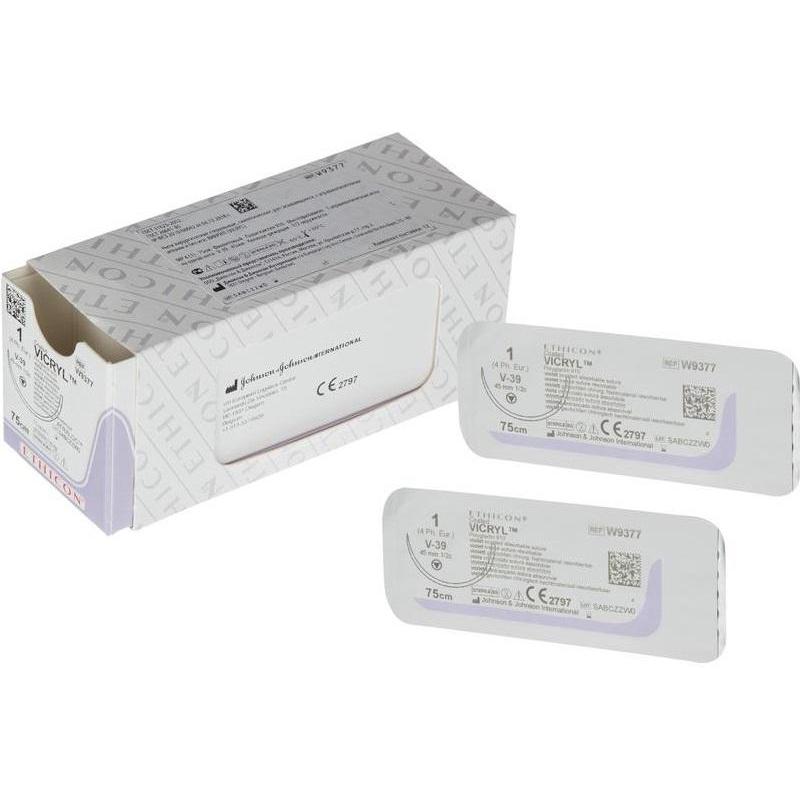 Шовный материал ВИКРИЛ 1, 75 см, фиолет.кол.-реж. 45 мм, 1/2 W9377 12 шт/уп