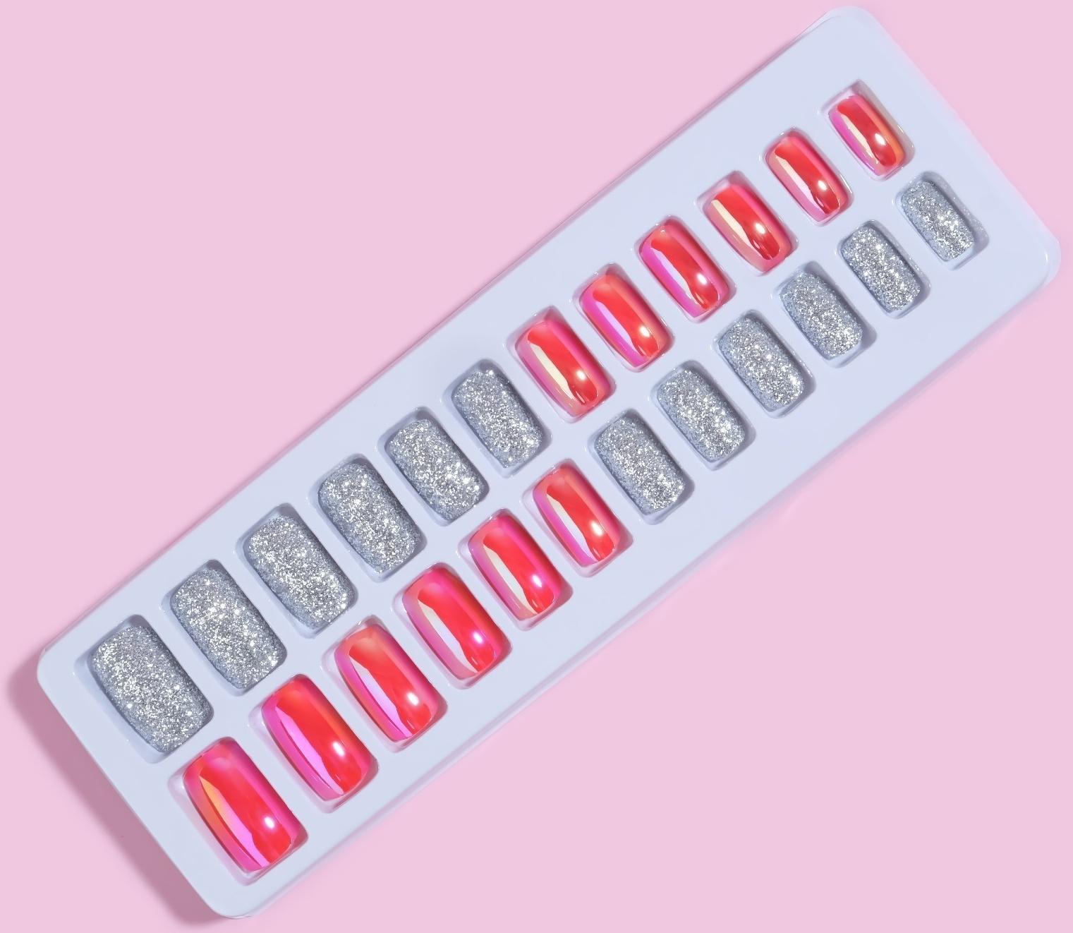 Накладные ногти, 24 шт, с клеевыми пластинами, форма мягкий квадрат, цвет серебристый/голография