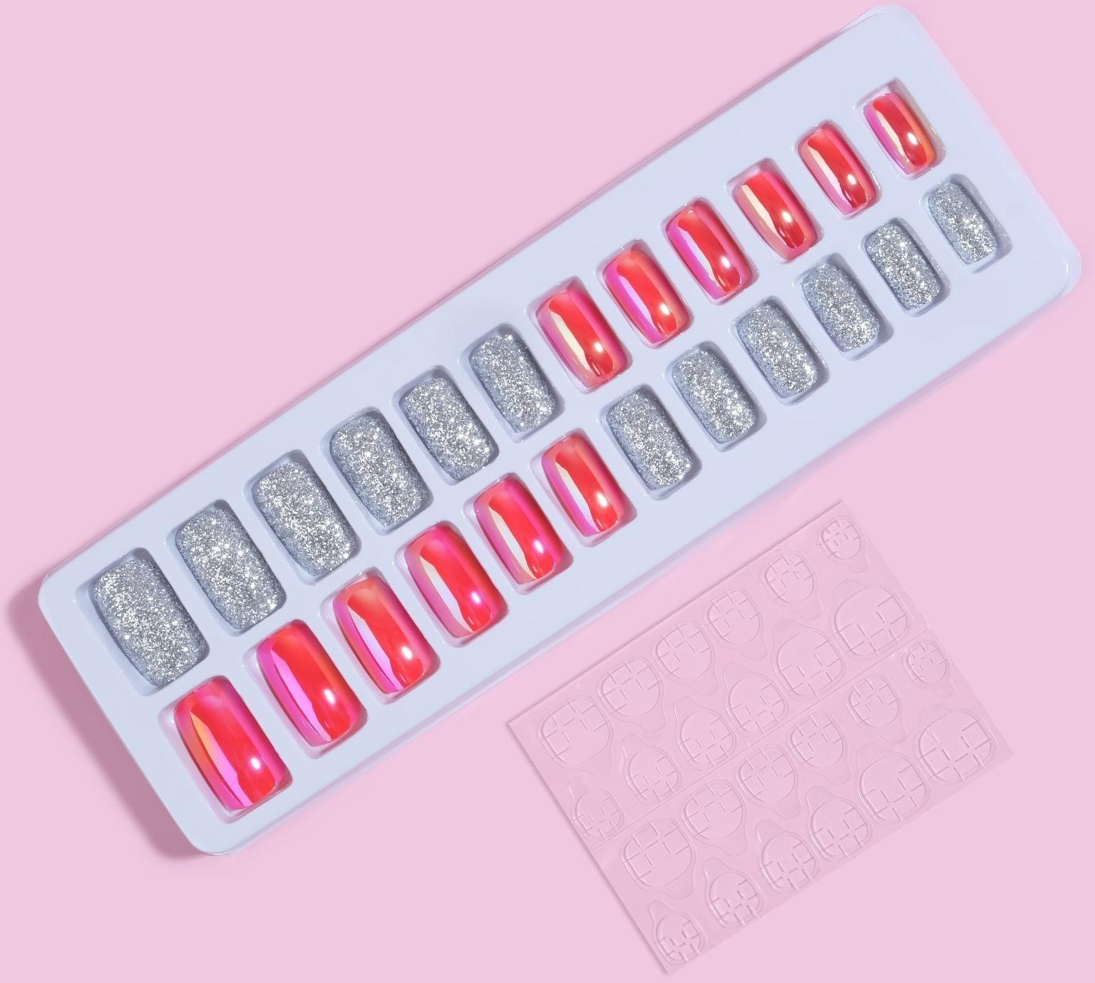 Накладные ногти, 24 шт, с клеевыми пластинами, форма мягкий квадрат, цвет серебристый/голография