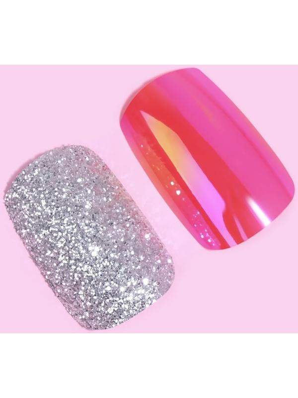 Накладные ногти, 24 шт, с клеевыми пластинами, форма мягкий квадрат, цвет серебристый/голография