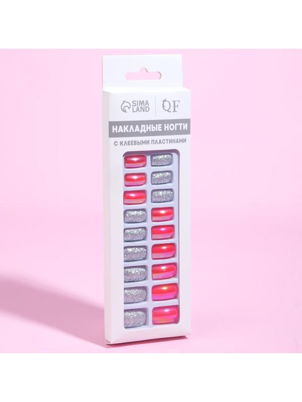 Накладные ногти, 24 шт, с клеевыми пластинами, форма мягкий квадрат, цвет серебристый/голография