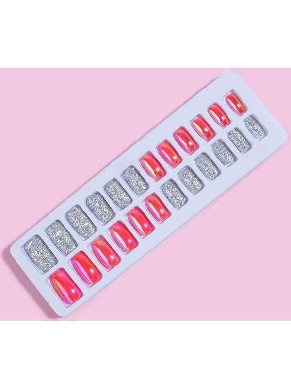 Накладные ногти, 24 шт, с клеевыми пластинами, форма мягкий квадрат, цвет серебристый/голография