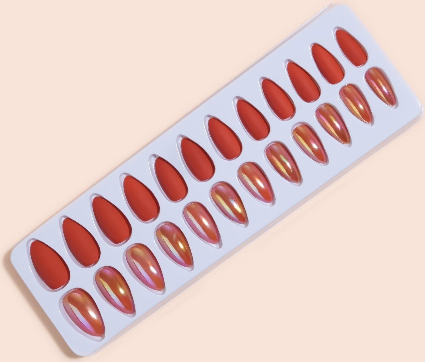 Накладные ногти, 24 шт, с клеевыми пластинами, форма миндаль, матовый/голография, цвет коралловый