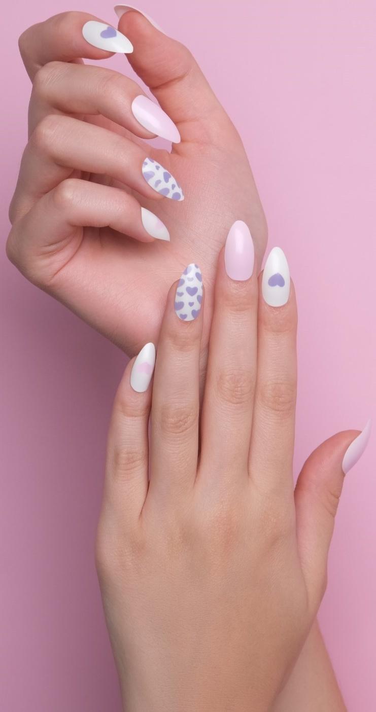 Накладные ногти, 24 шт, с клеевыми пластинами, форма миндаль, цвет белый/розовый/сиреневый