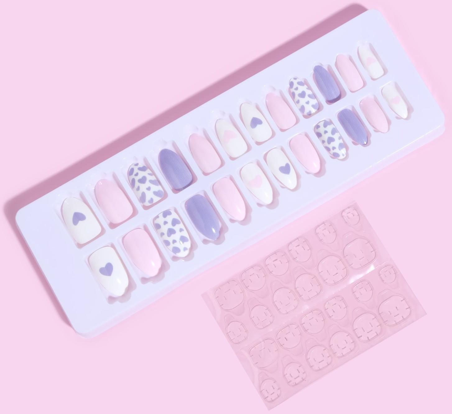 Накладные ногти, 24 шт, с клеевыми пластинами, форма миндаль, цвет белый/розовый/сиреневый