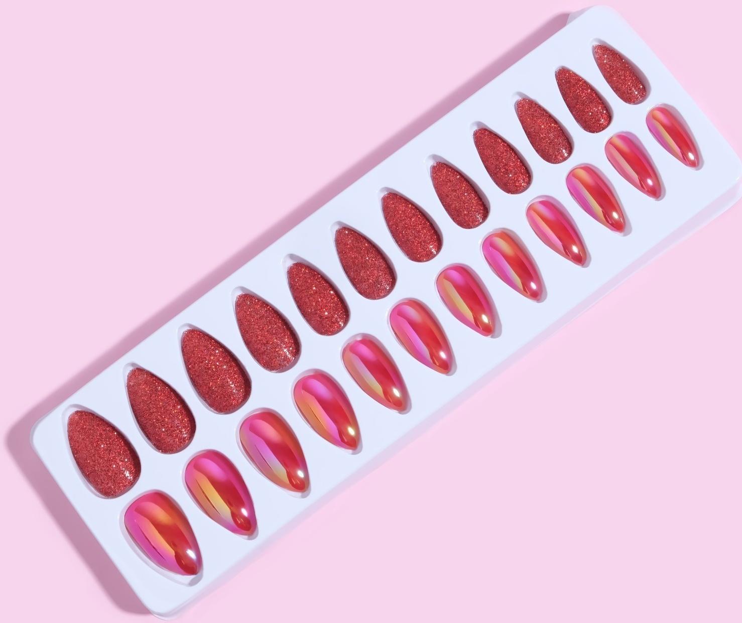 Накладные ногти, 24 шт, с клеевыми пластинами, форма миндаль, блёстки/голография, цвет красный