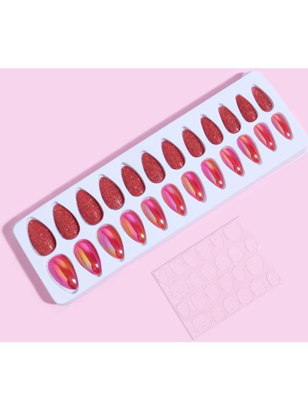 Накладные ногти, 24 шт, с клеевыми пластинами, форма миндаль, блёстки/голография, цвет красный