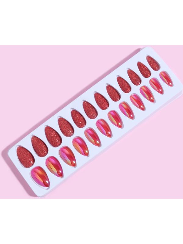 Накладные ногти, 24 шт, с клеевыми пластинами, форма миндаль, блёстки/голография, цвет красный