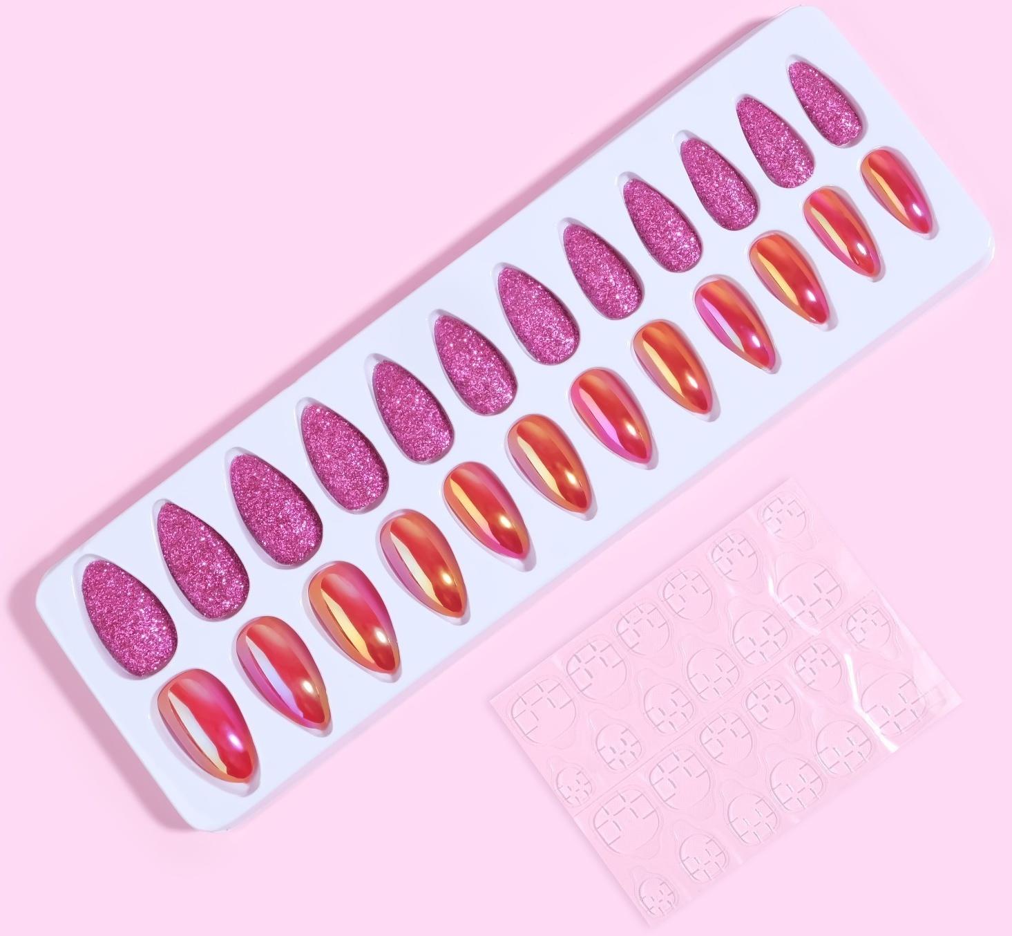 Накладные ногти, 24 шт, с клеевыми пластинами, форма миндаль, блёстки/голография, цвет малиновый