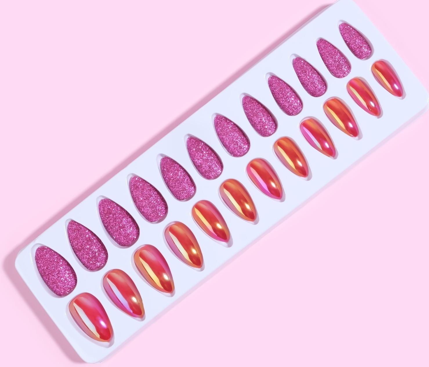 Накладные ногти, 24 шт, с клеевыми пластинами, форма миндаль, блёстки/голография, цвет малиновый