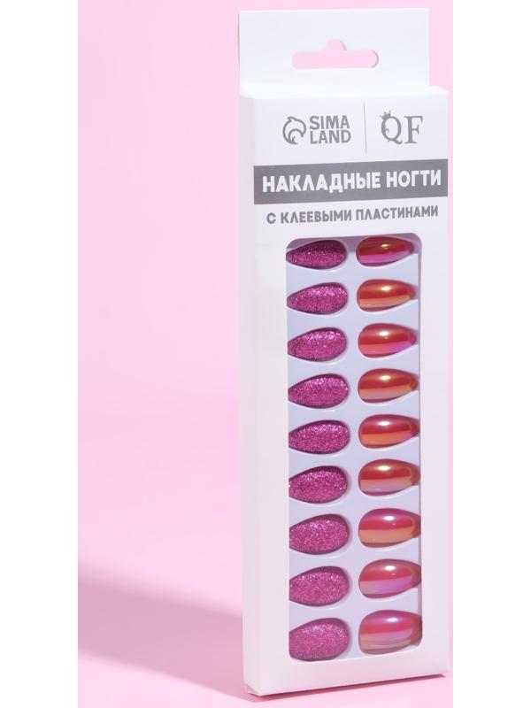 Накладные ногти, 24 шт, с клеевыми пластинами, форма миндаль, блёстки/голография, цвет малиновый