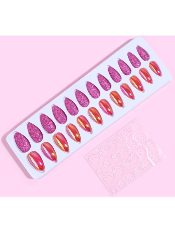 Накладные ногти, 24 шт, с клеевыми пластинами, форма миндаль, блёстки/голография, цвет малиновый