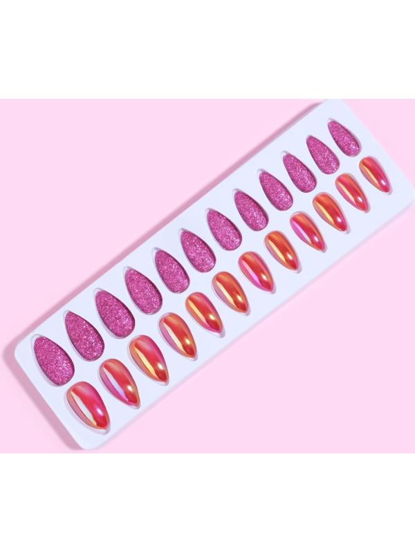 Накладные ногти, 24 шт, с клеевыми пластинами, форма миндаль, блёстки/голография, цвет малиновый