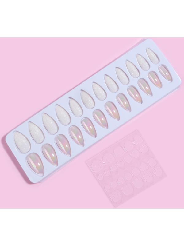 Накладные ногти, 24 шт, с клеевыми пластинами, форма миндаль, блёстки/голография, цвет белый