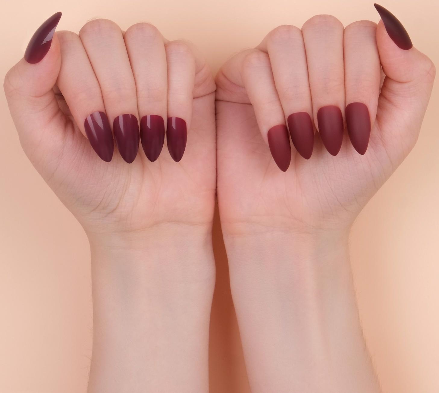 Накладные ногти, 24 шт, с клеевыми пластинами, форма миндаль, матовый/глянцевый, цвет вишнёвый