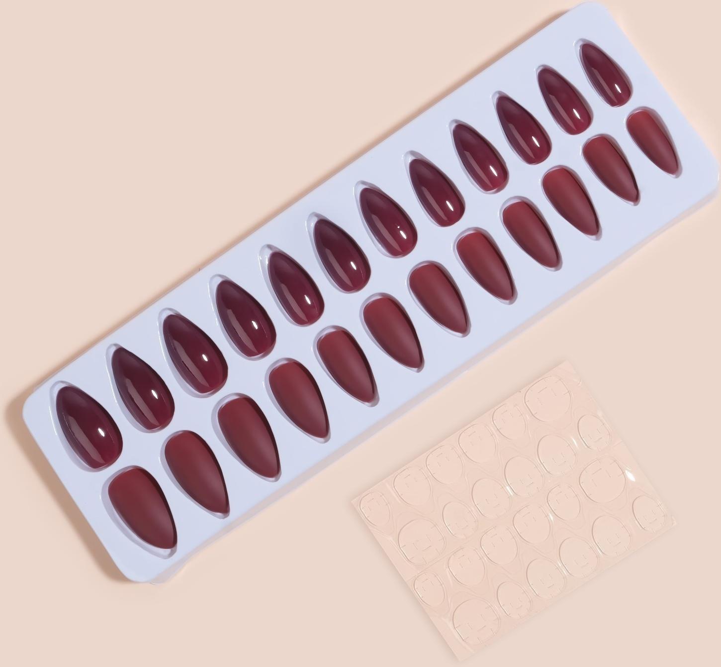 Накладные ногти, 24 шт, с клеевыми пластинами, форма миндаль, матовый/глянцевый, цвет вишнёвый