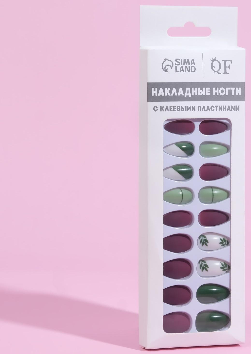 Накладные ногти, 24 шт, с клеевыми пластинами, форма миндаль, цвет матовый бордовый/зелёный/белый