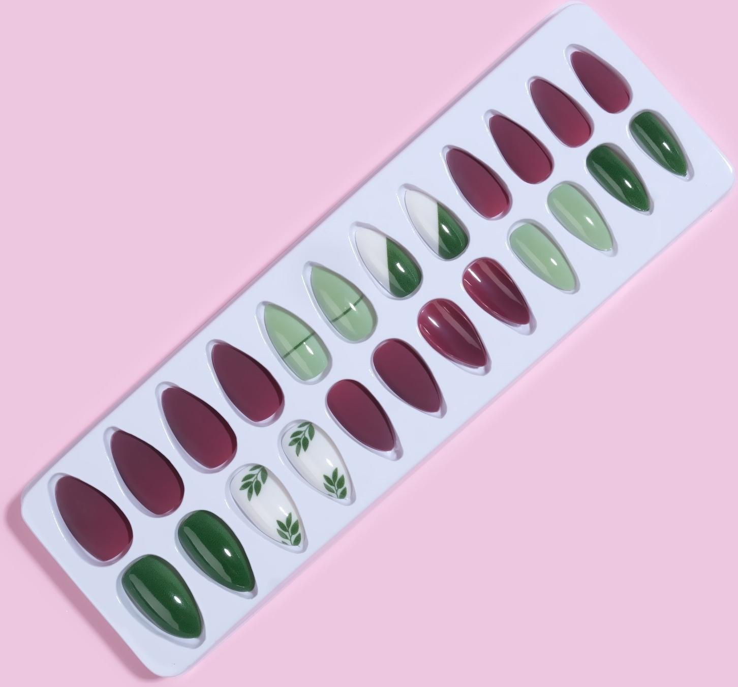 Накладные ногти, 24 шт, с клеевыми пластинами, форма миндаль, цвет матовый бордовый/зелёный/белый