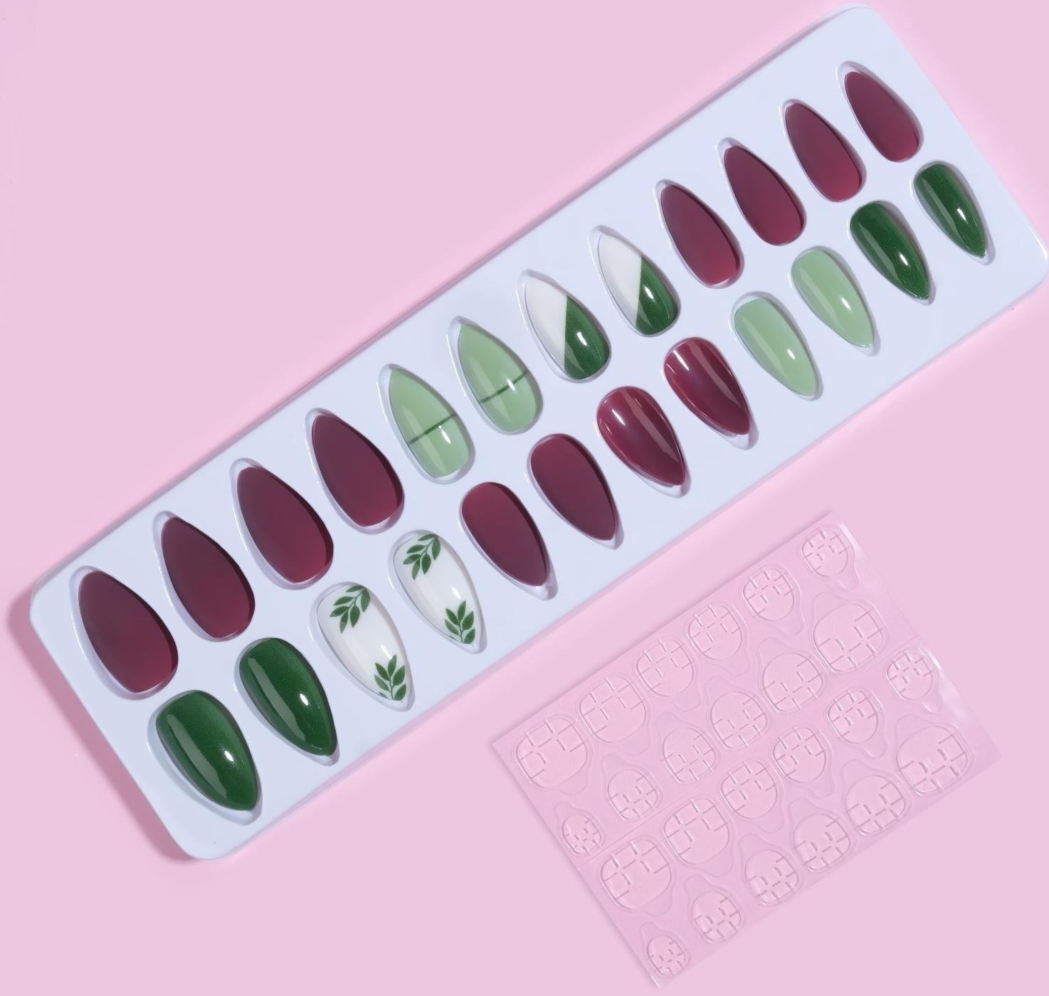 Накладные ногти, 24 шт, с клеевыми пластинами, форма миндаль, цвет матовый бордовый/зелёный/белый
