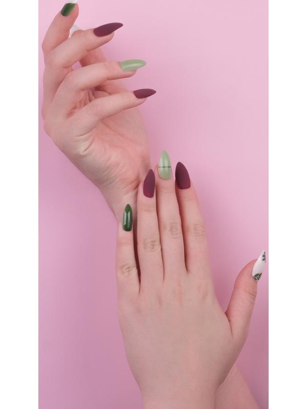 Накладные ногти, 24 шт, с клеевыми пластинами, форма миндаль, цвет матовый бордовый/зелёный/белый