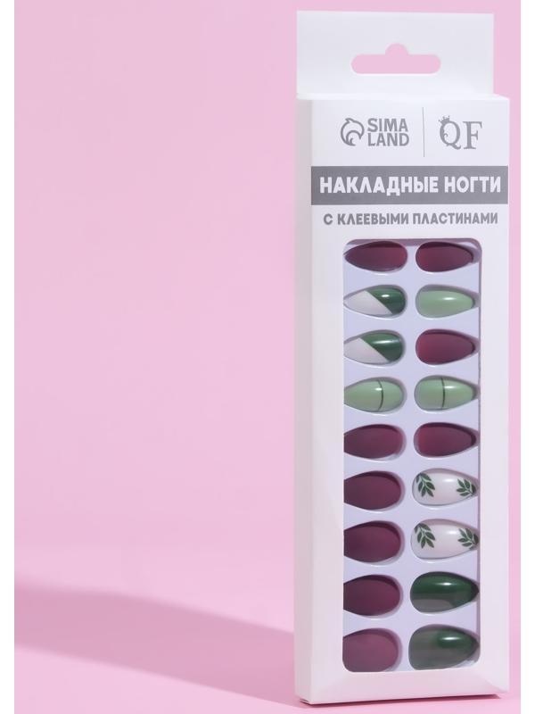 Накладные ногти, 24 шт, с клеевыми пластинами, форма миндаль, цвет матовый бордовый/зелёный/белый
