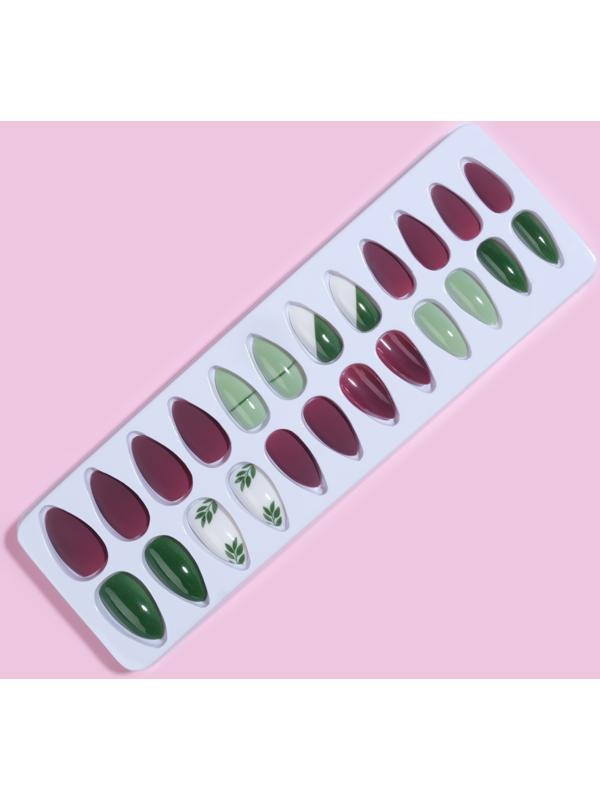 Накладные ногти, 24 шт, с клеевыми пластинами, форма миндаль, цвет матовый бордовый/зелёный/белый