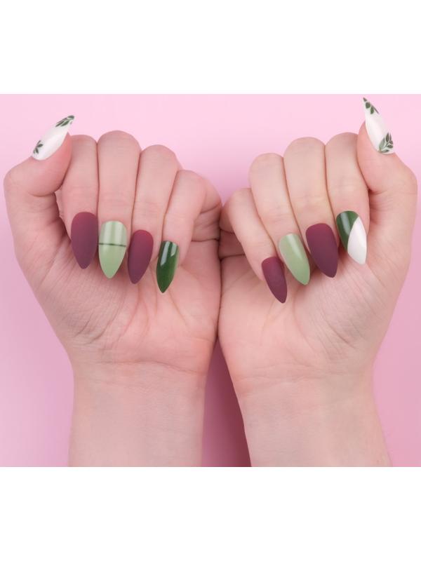 Накладные ногти, 24 шт, с клеевыми пластинами, форма миндаль, цвет матовый бордовый/зелёный/белый