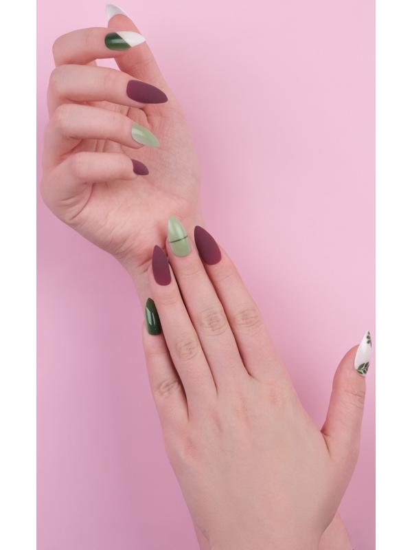 Накладные ногти, 24 шт, с клеевыми пластинами, форма миндаль, цвет матовый бордовый/зелёный/белый