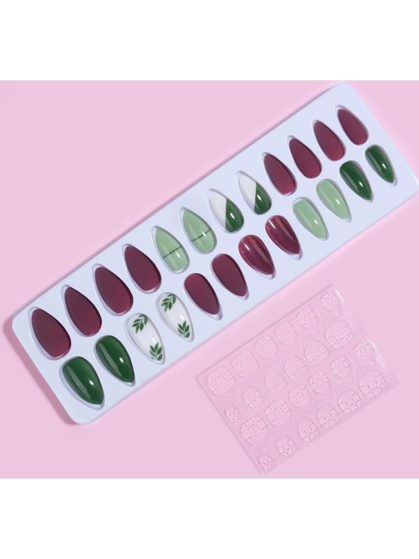Накладные ногти, 24 шт, с клеевыми пластинами, форма миндаль, цвет матовый бордовый/зелёный/белый