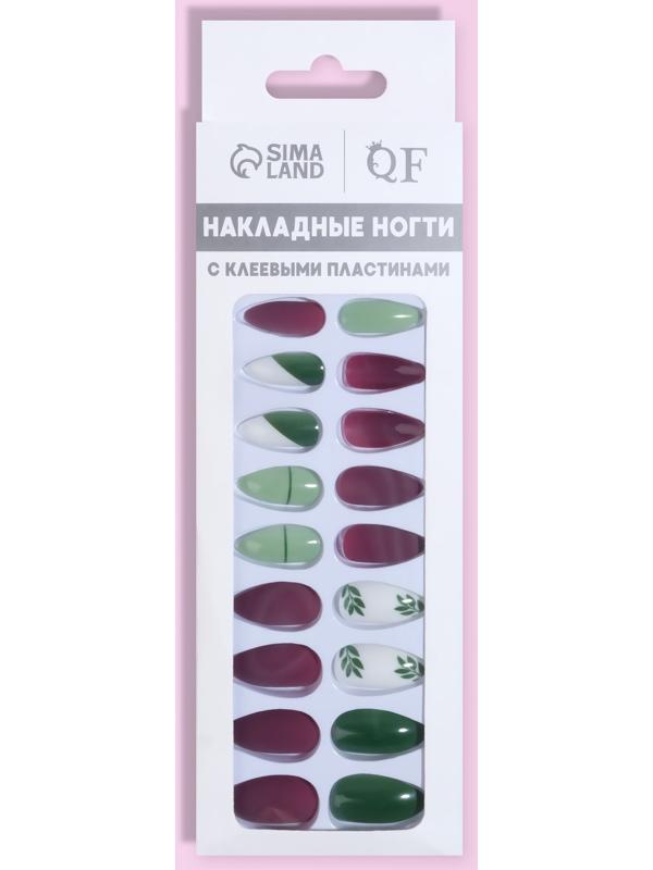 Накладные ногти, 24 шт, с клеевыми пластинами, форма миндаль, цвет матовый бордовый/зелёный/белый