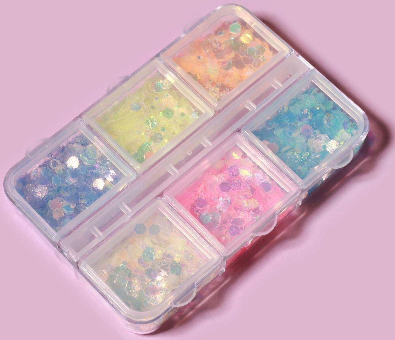 Пайетки для декора, 6 ячеек, разноразмерные, светятся в темноте, разноцветные