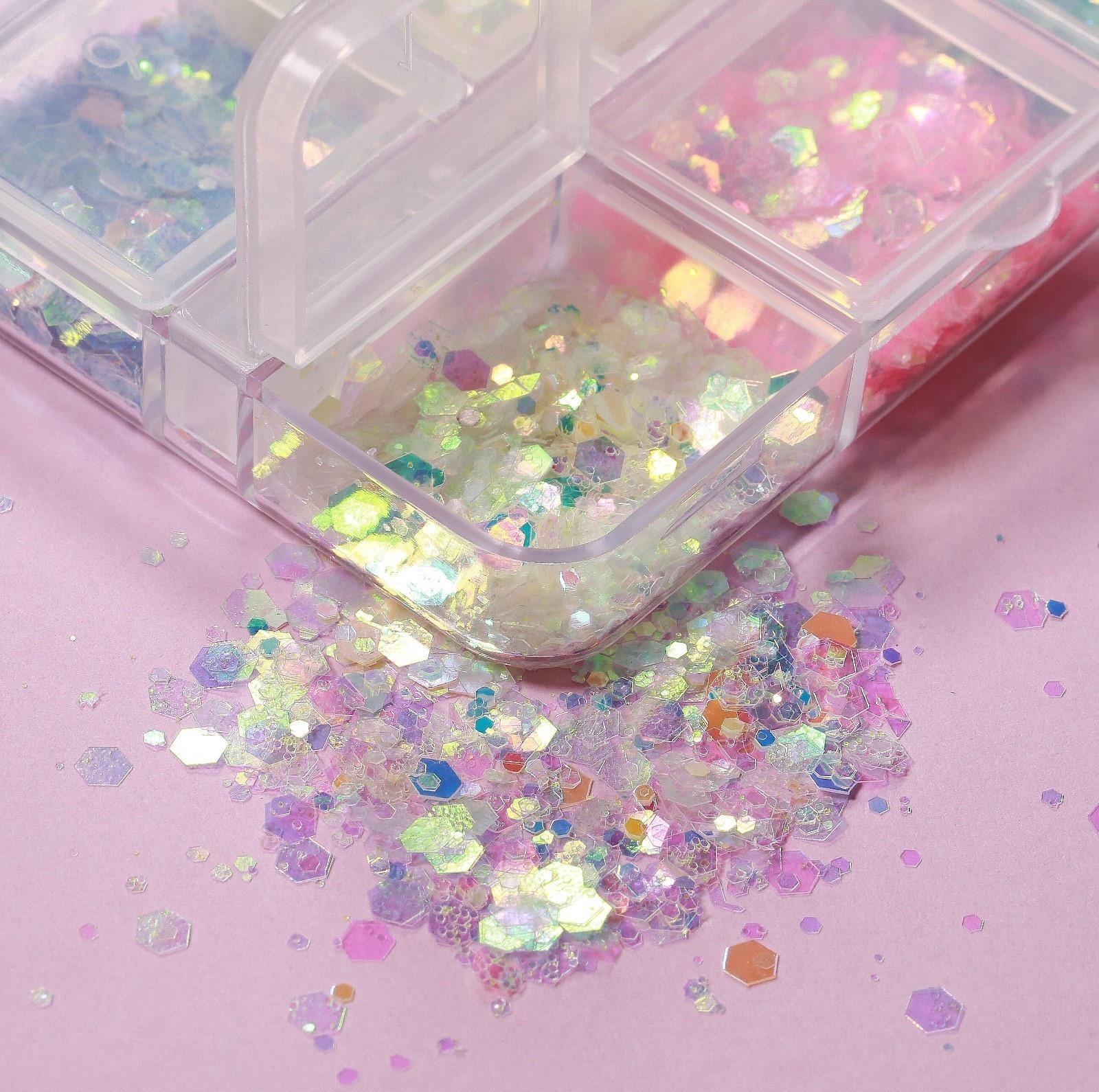 Пайетки для декора, 6 ячеек, разноразмерные, светятся в темноте, разноцветные