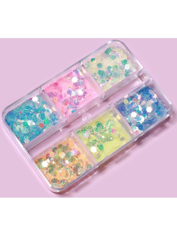 Пайетки для декора, 6 ячеек, разноразмерные, светятся в темноте, разноцветные