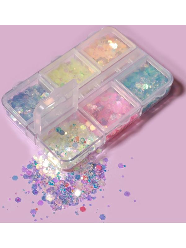 Пайетки для декора, 6 ячеек, разноразмерные, светятся в темноте, разноцветные