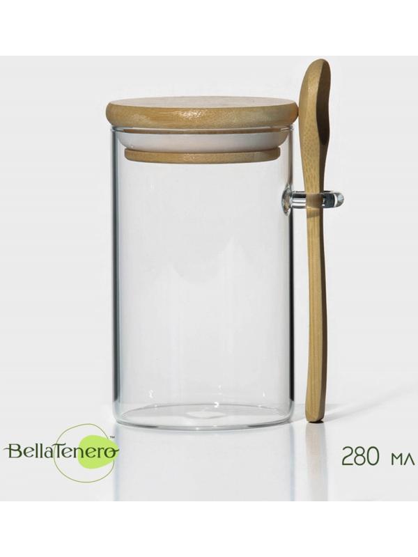 Банка стеклянная для сыпучих продуктов с бамбуковой крышкой и ложкой BellaTenero «Эко» 280 мл, 8,5×7×11 см