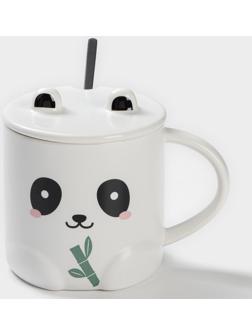 Кружка керамическая с ложкой «Панда», 350 мл, цвет белый