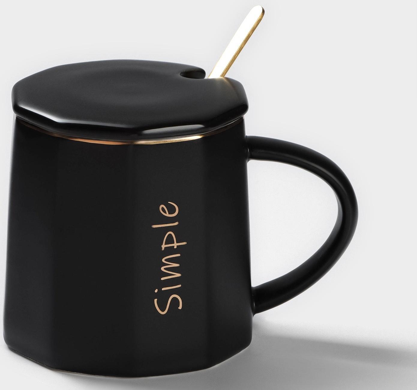 Кружка керамическая с ложкой Simple, 350 мл, цвет чёрный