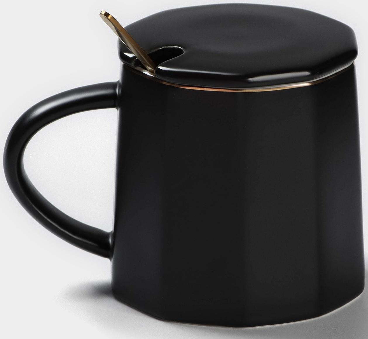 Кружка керамическая с ложкой Simple, 350 мл, цвет чёрный