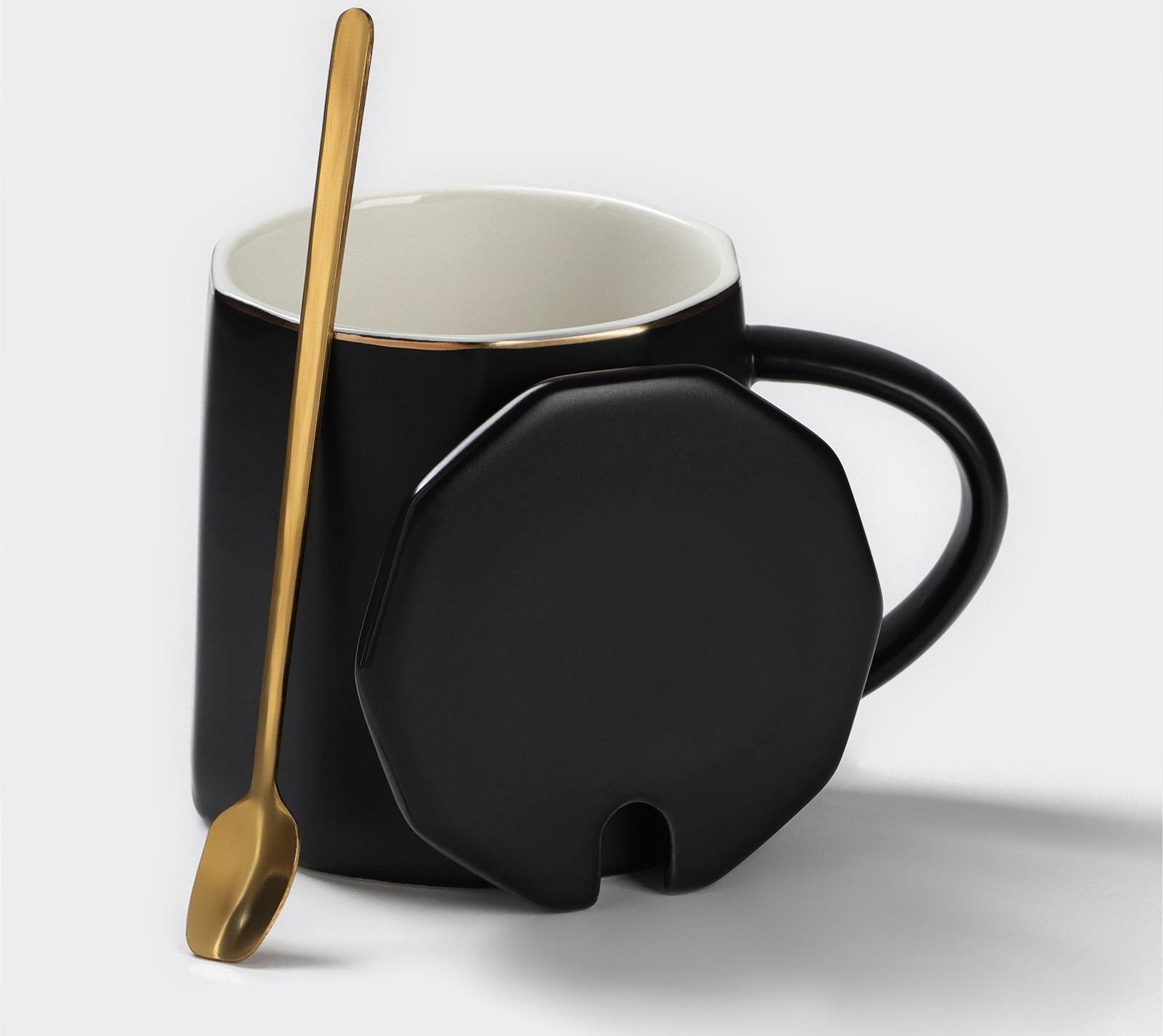 Кружка керамическая с ложкой Simple, 350 мл, цвет чёрный