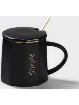 Кружка керамическая с ложкой Simple, 350 мл, цвет чёрный