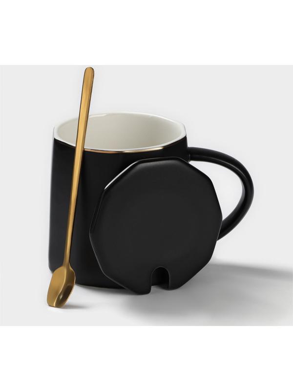 Кружка керамическая с ложкой Simple, 350 мл, цвет чёрный