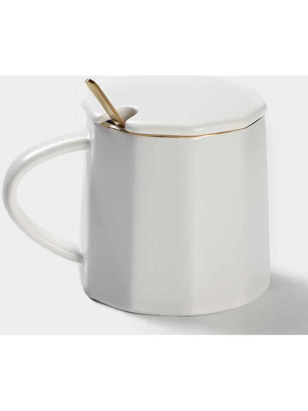 Кружка керамическая с ложкой Simple, 350 мл, цвет белый